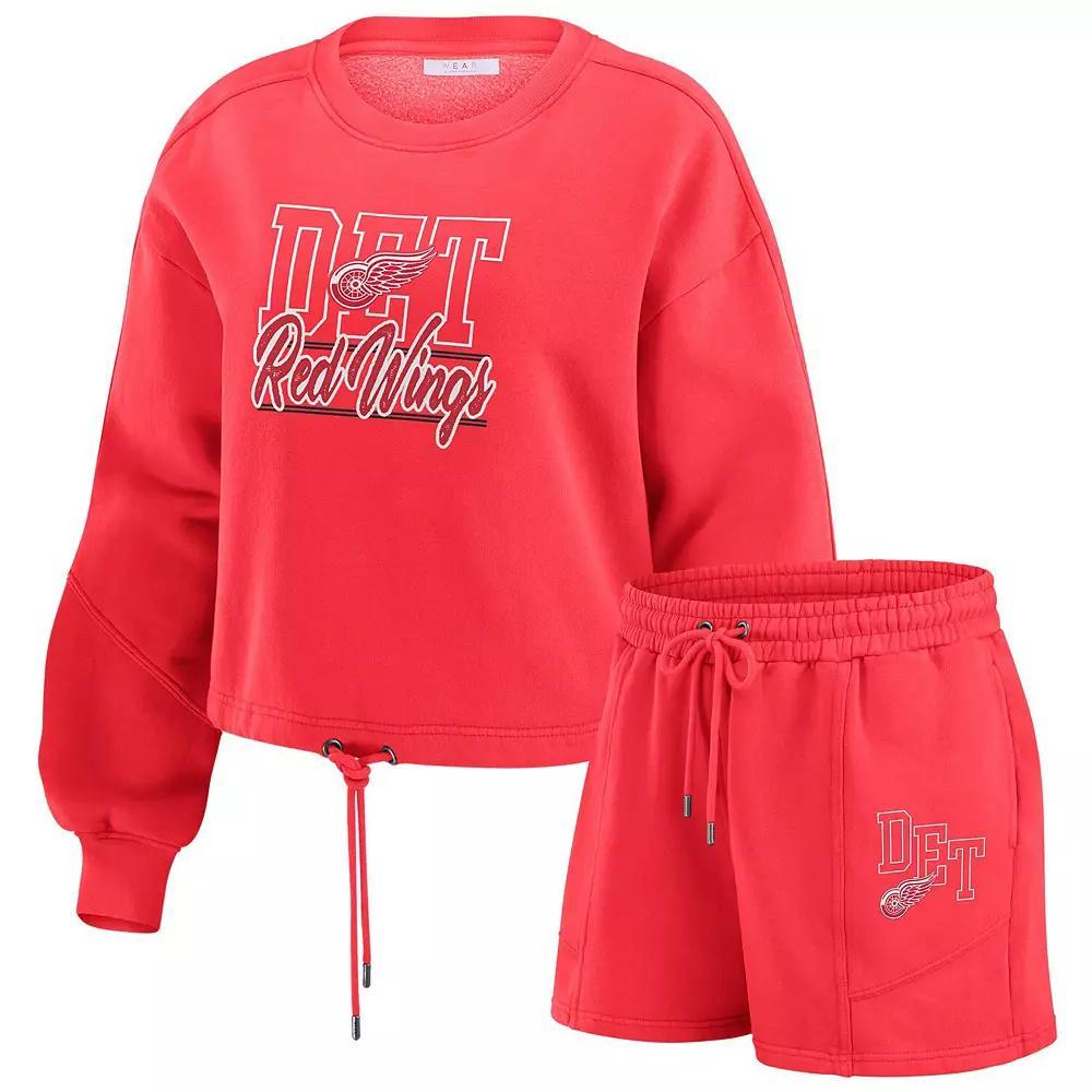 Women's WEAR by Erin Andrews Red Detroit Red Wings Washed Fleece Sweatshirt & Shorts Lounge Set, Size: 2XL Product Image
