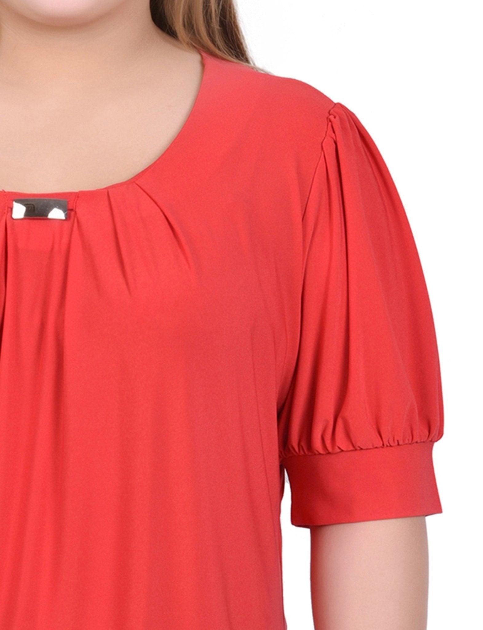 Chinese Red Short Sleeve Balloon Sleeve Top With Hardware - Plus Product Image