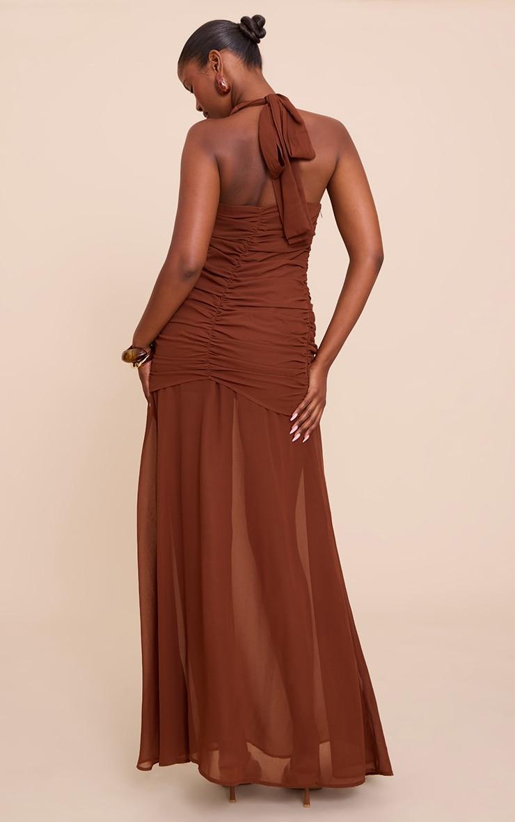 Chocolate Chiffon Halterneck Extreme Ruched Maxi Dress Product Image