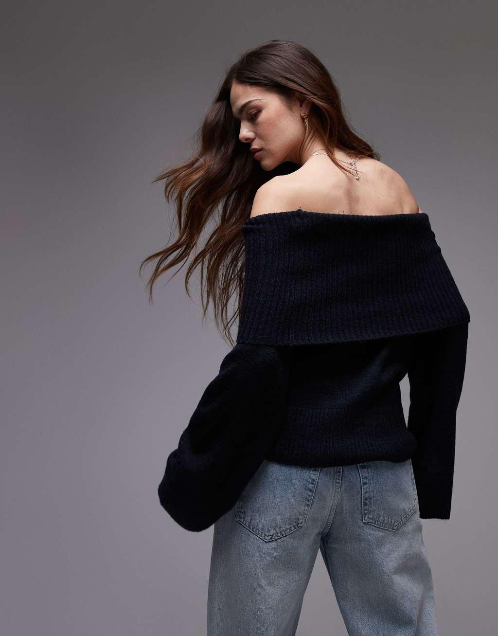 Topshop knit off-the-shoulder top in navy Product Image