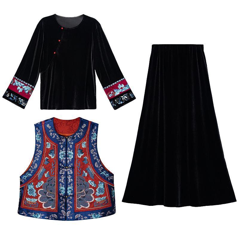 Long-Sleeve Floral Embroidered Velvet Top / High Waist Midi A-Line Skirt / Vest Product Image