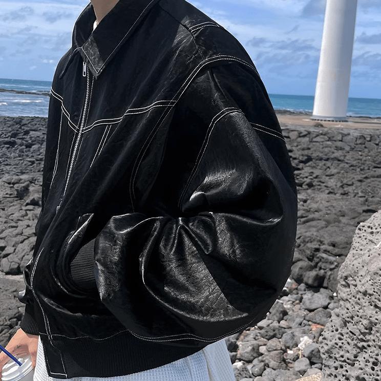 RT No. 9416 BLACK STITCHED ZIP-UP LEATHER JK Product Image