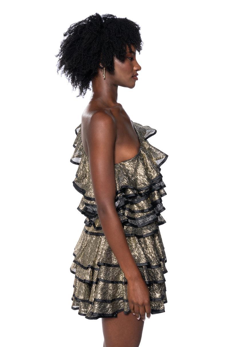 COVER ME IN GOLD RUFFLE MINI DRESS Product Image