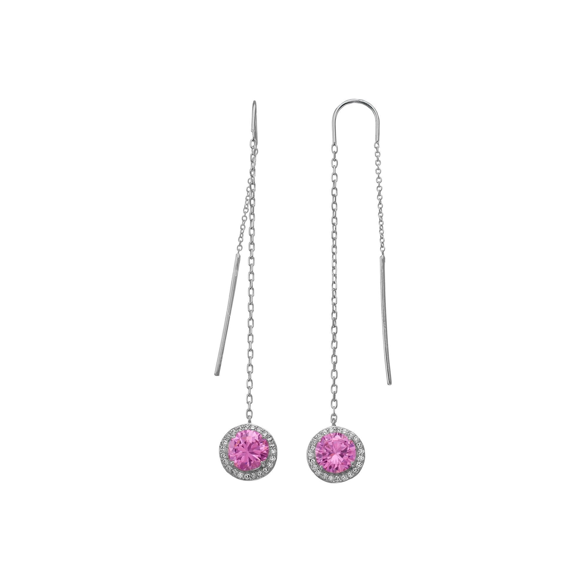 Rosabella Sterling Silver Pink Cubic Zirconia Halo Threader Earrings, Women's Product Image
