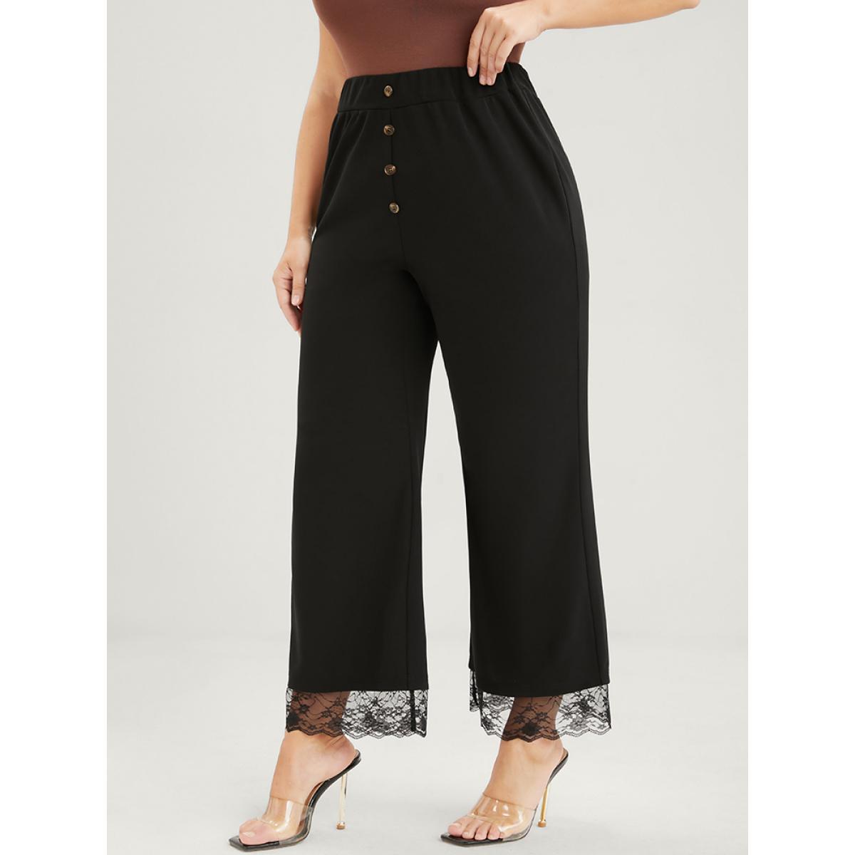 Plus Size Solid Fake Button Scalloped Lace Trim Elastic Waist Pants Women Black Elegant Loose High Rise Dailywear Pants BloomChic 30/6X Product Image