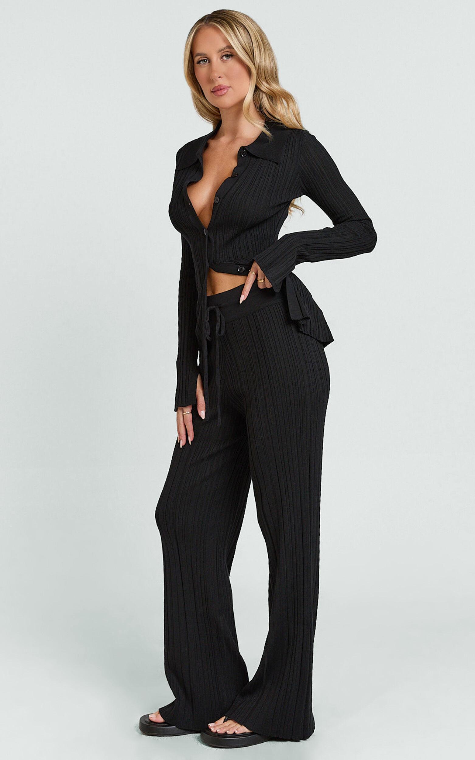 Kelsey Top - Button Through Long Sleeve Knitted Top in Black Product Image