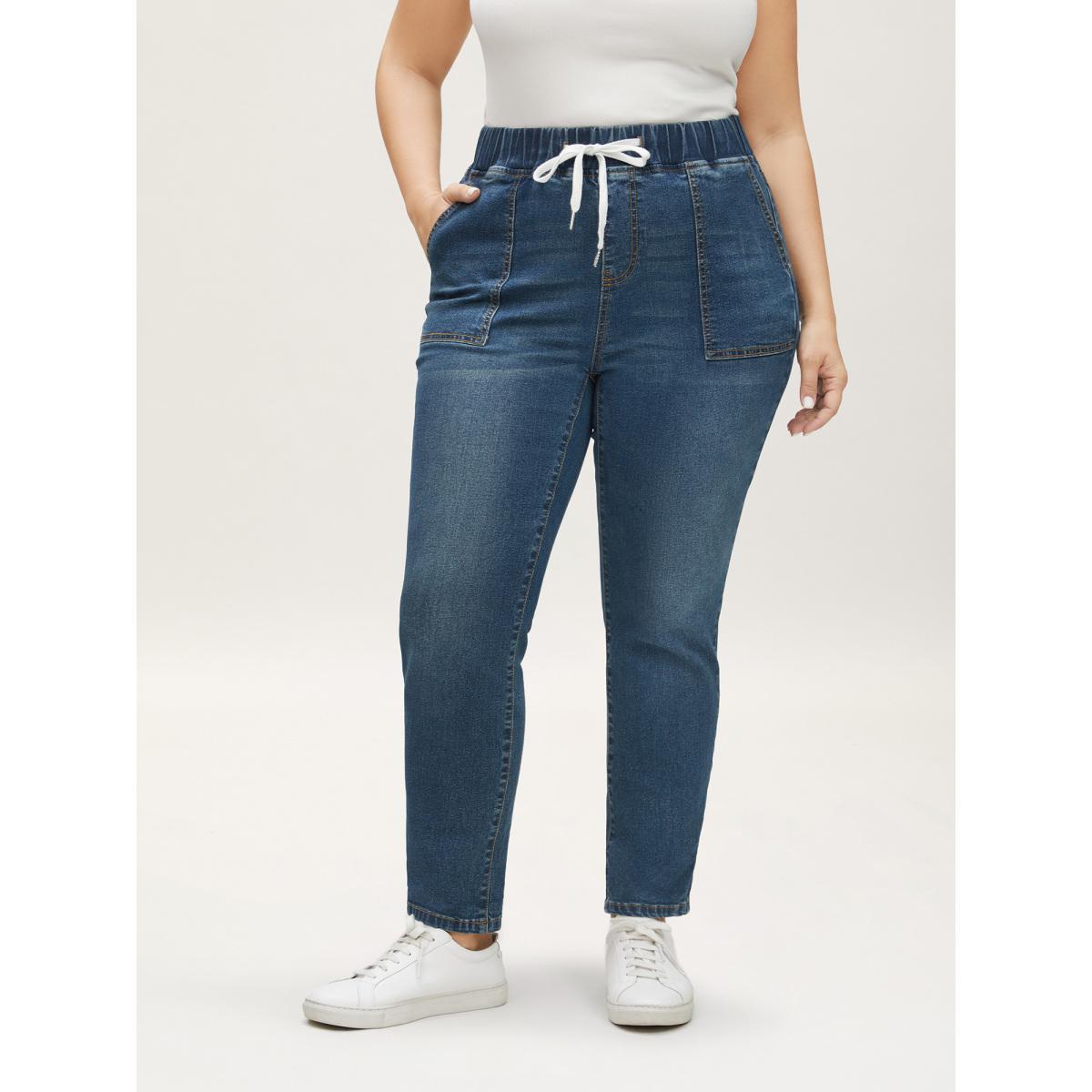 Plus Size Drawstring Elastic Waist Roll Hem Jeans Women DarkBlue Casual Plain Drawstring High stretch Slanted pocket Jeans BloomChic 26/4X Product Image