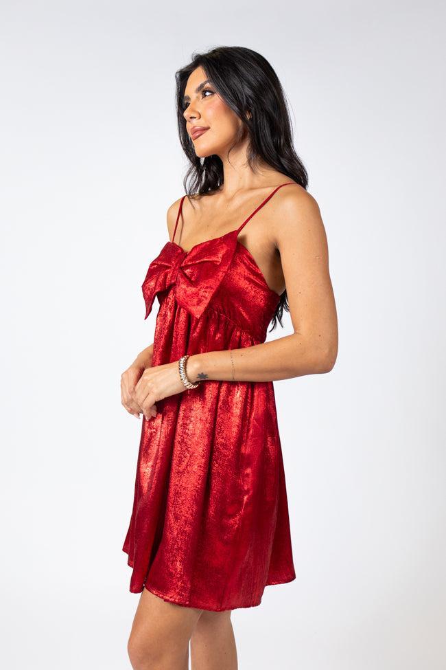 Tinsel and Tidings Light Red Bow Detail Mini Dress FINAL SALE Product Image