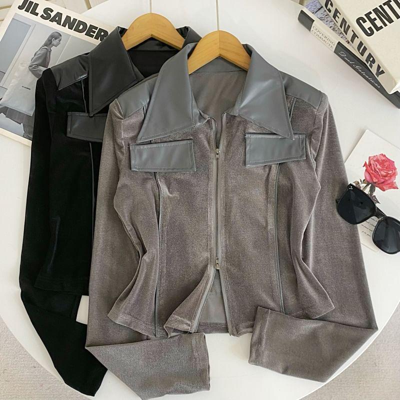Collared Faux Leather Panel Zip-Up Velvet Crop Jacket Product Image