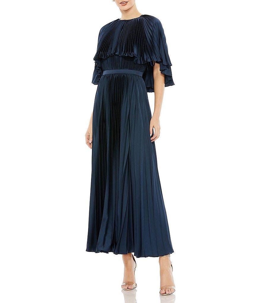 Mac Duggal Pleated Short Sleeve Belted Caplet Maxi Dress Product Image