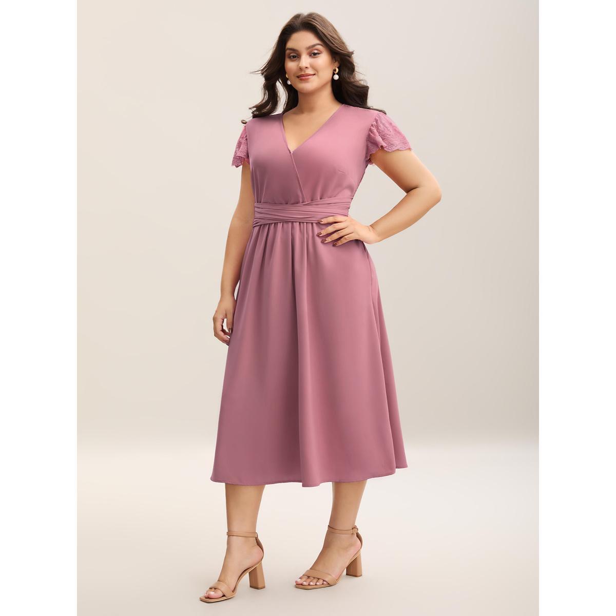 Plus Size Flutter Sleeve Lace Stretchy Waist Midi Dress DustyPink Women Elegant Woven ribbon&lace trim Overlap Collar Short sleeve Curvy BloomChic 26/4X Product Image