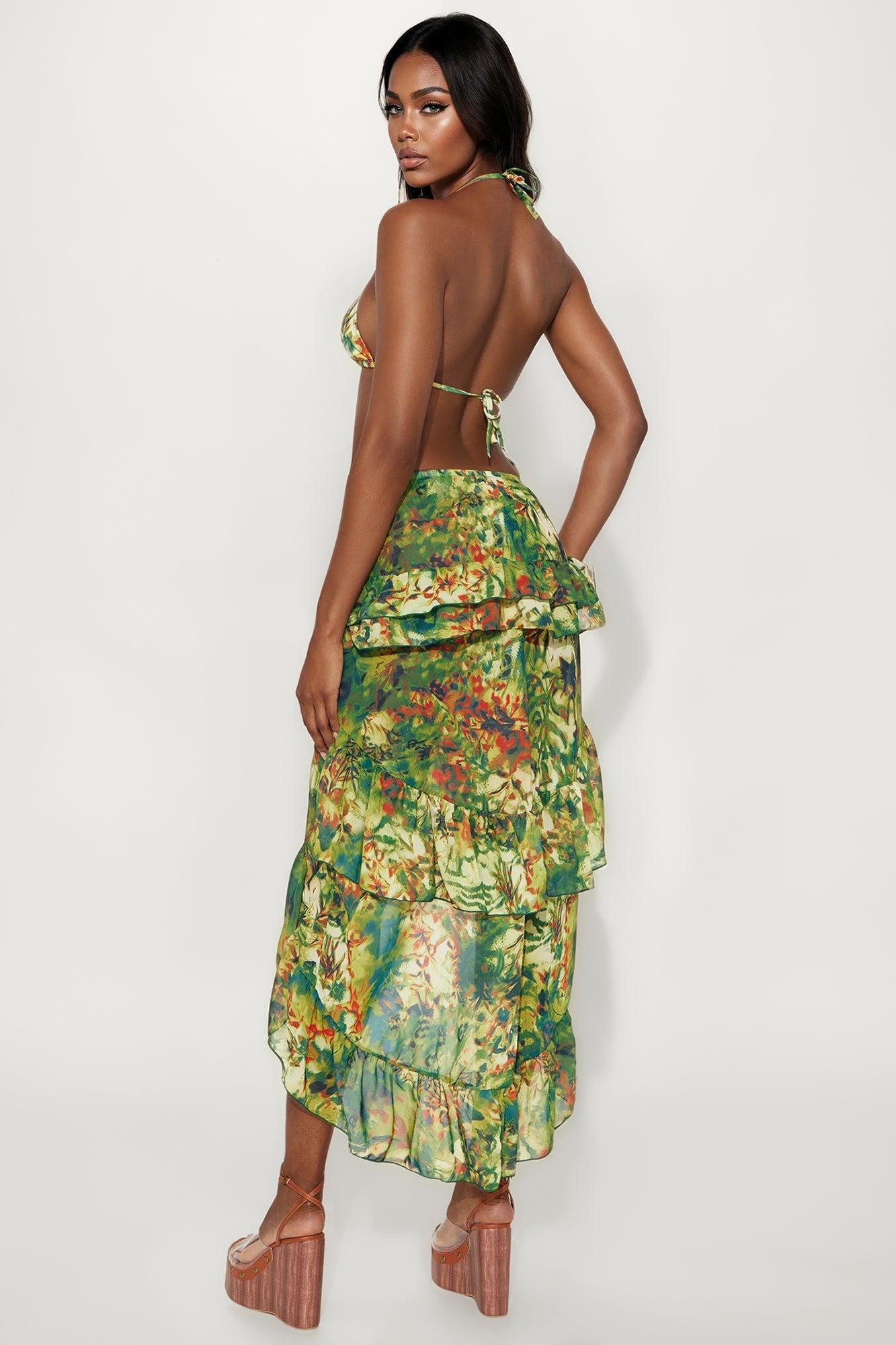 Kayli 3 Piece Bikini & Ruffle Skirt Set - Green/combo Product Image