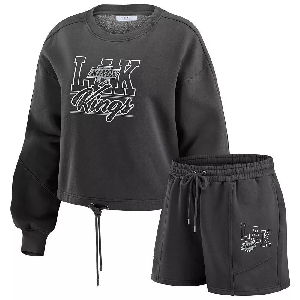 Women's WEAR by Erin Andrews Black Los Angeles Kings Washed Fleece Sweatshirt & Shorts Lounge Set, Size: Medium, Kgs Black Product Image