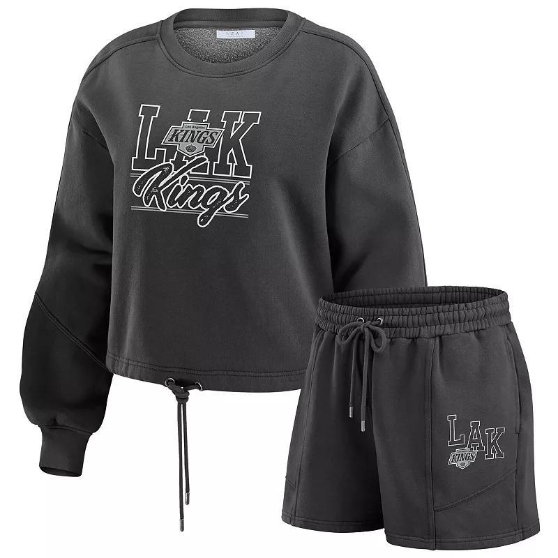 Women's WEAR by Erin Andrews Black Los Angeles Kings Washed Fleece Sweatshirt & Shorts Lounge Set, Size: Medium, Kgs Black Product Image