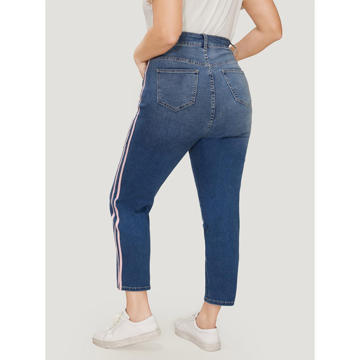 Plus Size Very Stretchy Medium Wash Contrast Striped Jeans Women Blue Casual Plain Patchwork High stretch Pocket Jeans BloomChic 14/1X Product Image