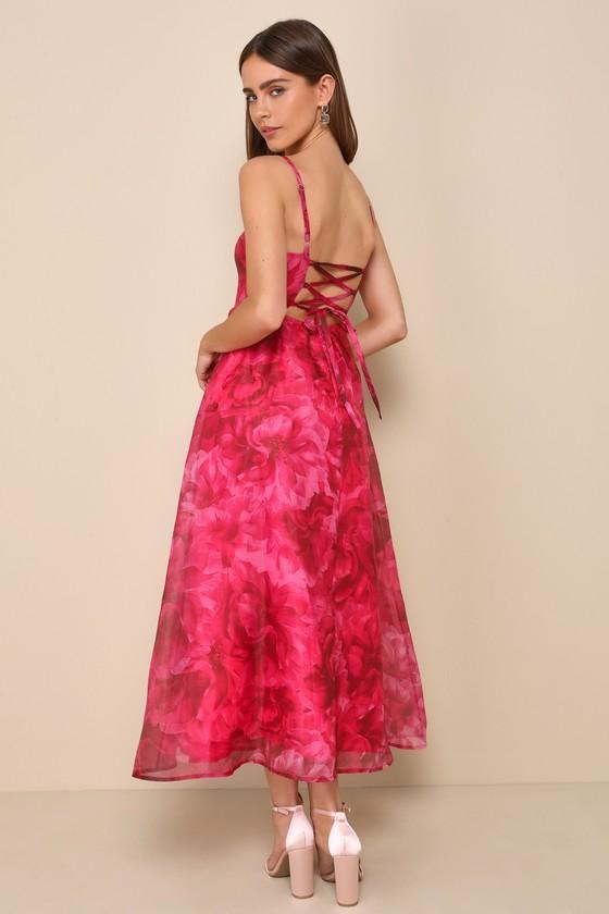 Darling Icon Dark Pink Floral Organza Lace-Up Midi Dress Product Image