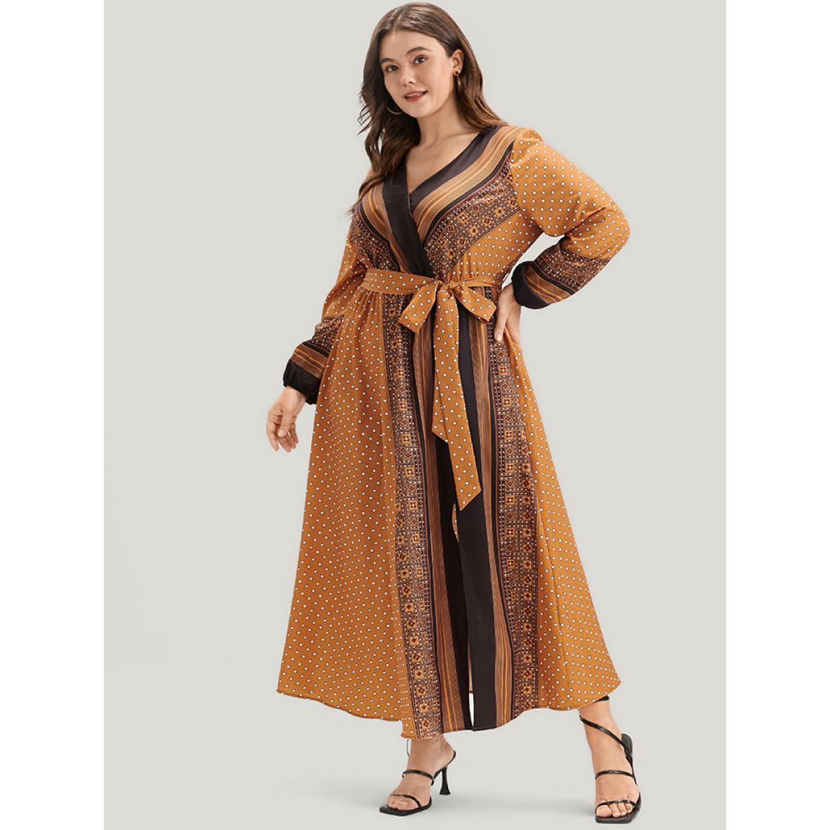 Plus Size Geometric Split Pocket Belted Wrap Lantern Sleeve Dress Bronze Women Vacation Belted V-neck Long Sleeve Curvy Midi Dress BloomChic 18-20/2X Product Image