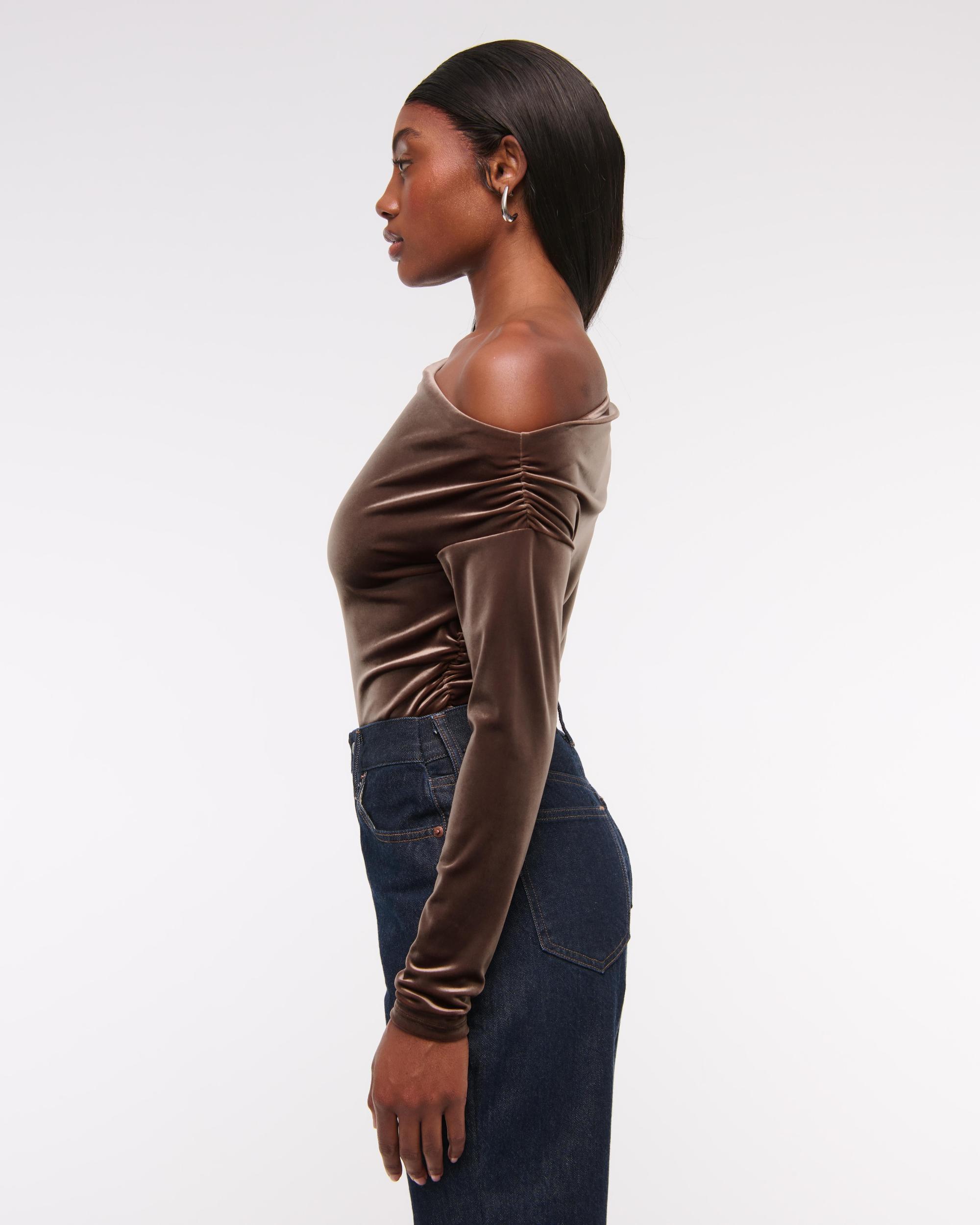 Long-Sleeve Velvet Asymmetrical Draped Top Product Image