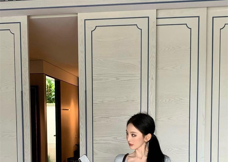 Set: Long-Sleeve Notch Neck Plain Zip Romper + Belt Product Image