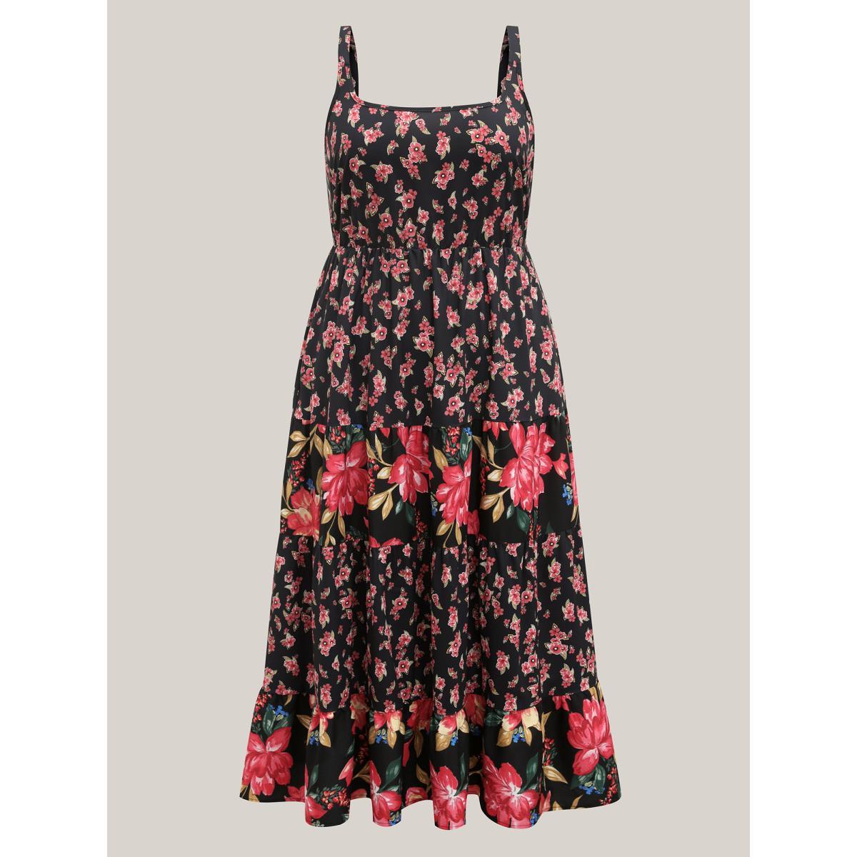 Plus Size Floral Print Spliced Cami Maxi Dress Black Women Square Neck Sleeveless Curvy BloomChic 22-24/3X Product Image