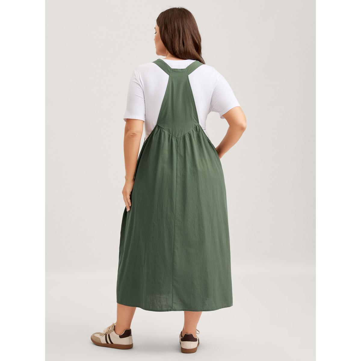 Plus Size Overall Straps Front Slit Pockets Midi Dress Emerald Women Square Neck Sleeveless Curvy BloomChic 22-24/3X Product Image