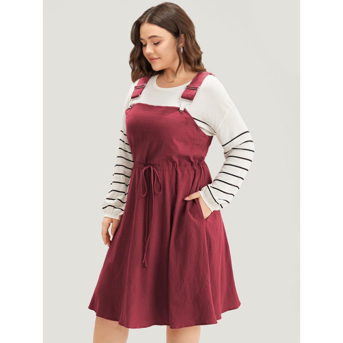 Plus Size Plain Drawstring Pocket Metal Detail Suspender Skirt Scarlet Women Casual Adjustable Straps Spaghetti Strap Sleeveless Curvy Midi Dress BloomChic 12/L Product Image
