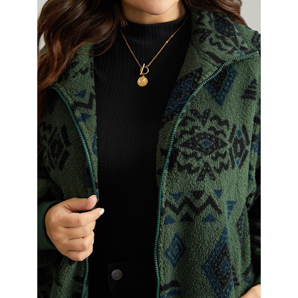 Plus Size Geometric Pocket Gathered Zipper Jacket Women Green Zipper Pocket Dailywear Jackets BloomChic 28/5X Product Image