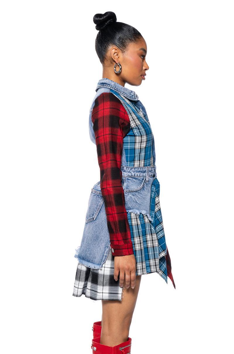 PATCHWORK PLAID DENIM MINI DRESS Product Image