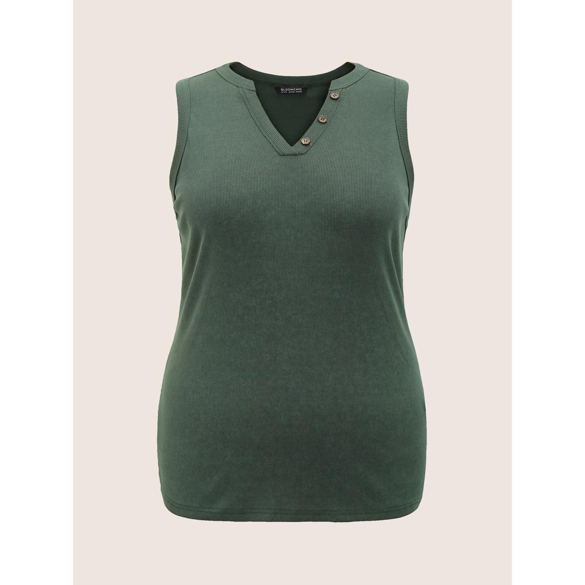 Plus Size Solid Notched Button Detail Tank Top Women ArmyGreen Casual Non Notched collar Everyday Tank Tops Camis BloomChic 28/5X Product Image