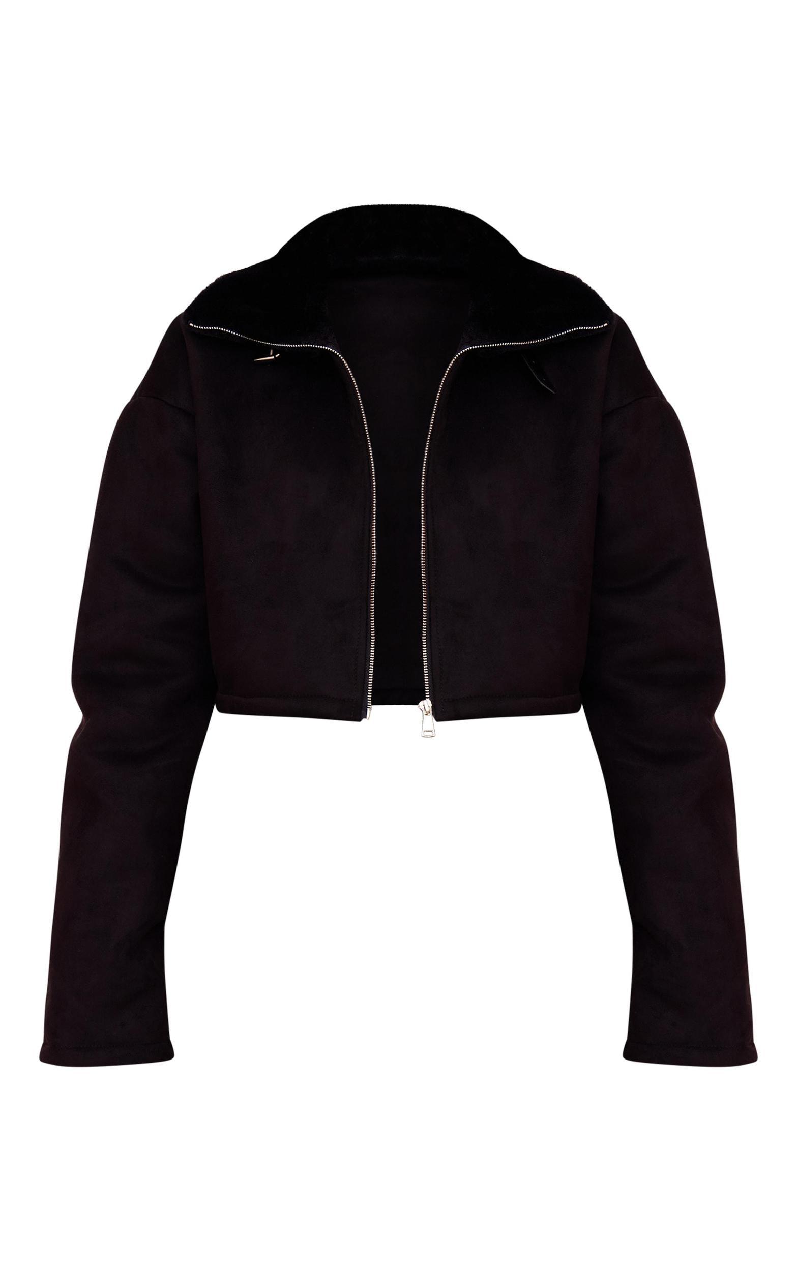 Black Dropped Shoulder Cropped Faux Fur Contrast Jacket Product Image