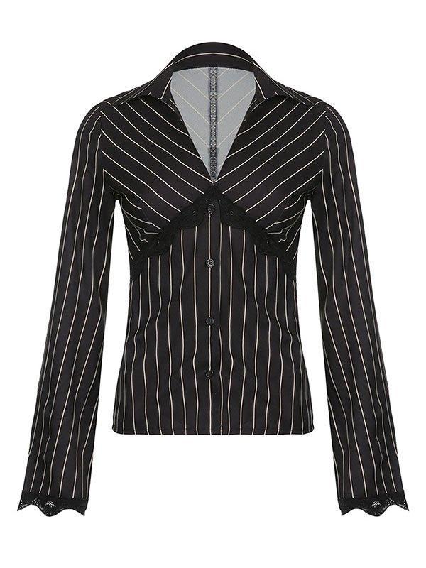 Lace Paneled Long Sleeve Striped Blouse Product Image