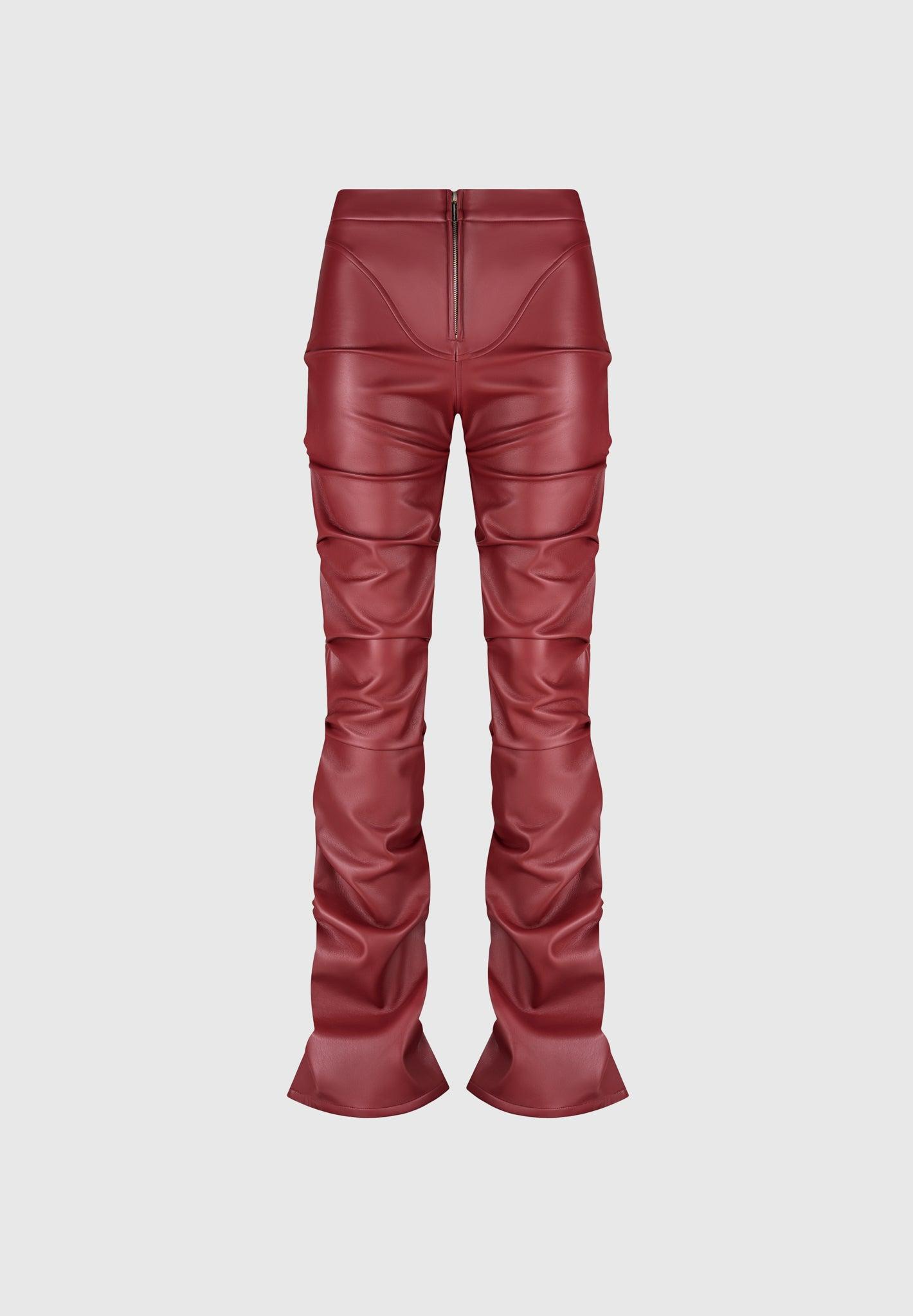 Caroline - Tacked Leather Flared Trousers - Wine Red Female Product Image