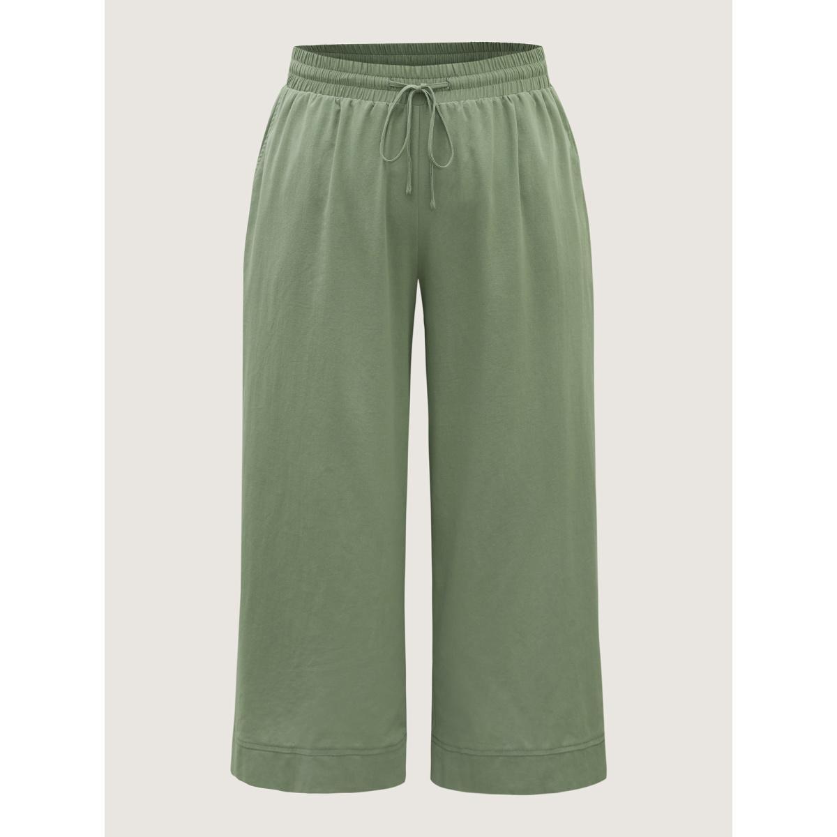 Plus Size Shirred Drawstring Solid Wide-Leg Pants Women Mint Casual Wide Leg Mid Rise Everyday-Casual Pants BloomChic 30/6X Product Image