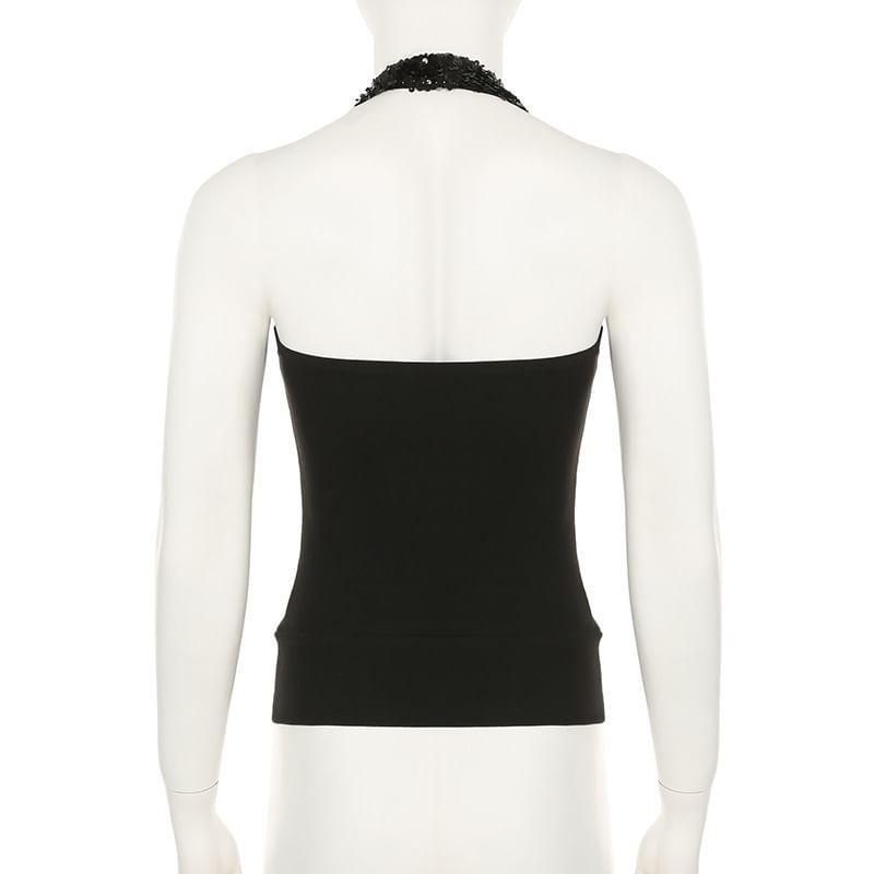 Halter-Neck Sequin Open Back Slim Fit Crop Tank Top Product Image