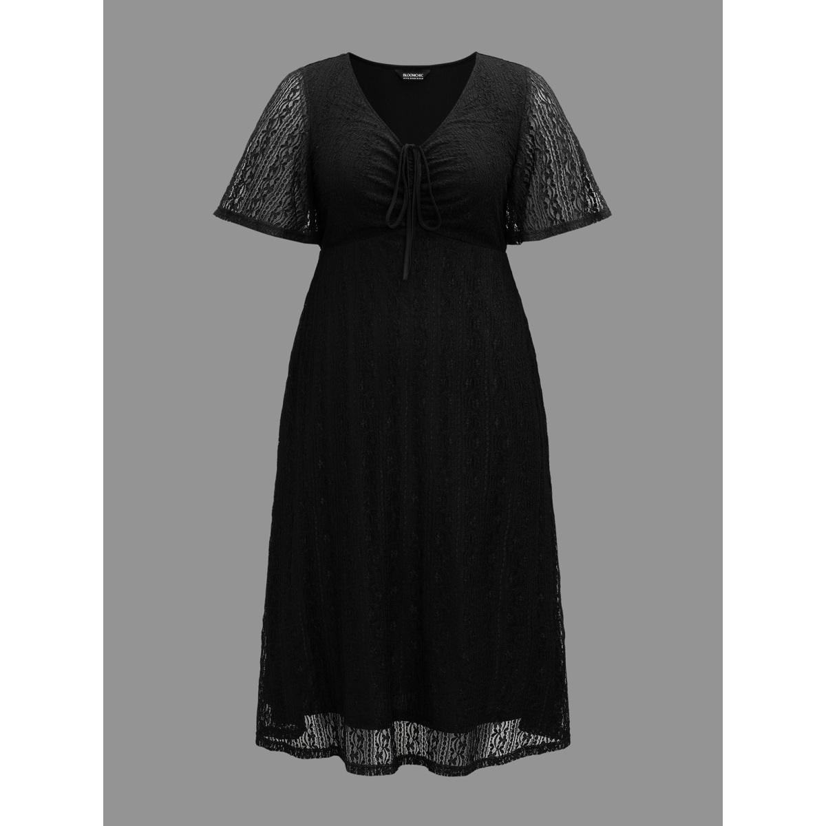 Plus Size Lace V-Neck Bow Drawstring Midi Dress Black Women Casual Tie knot Knit Dresses Bloomchic 30/6X Product Image