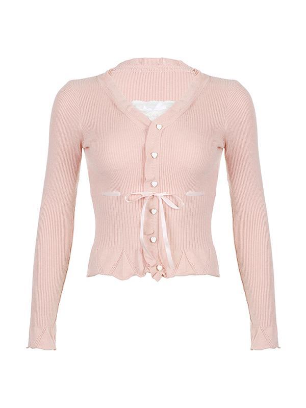 Lace Splice Tie Up Fake Two Piece Long Sleeve Knit Product Image