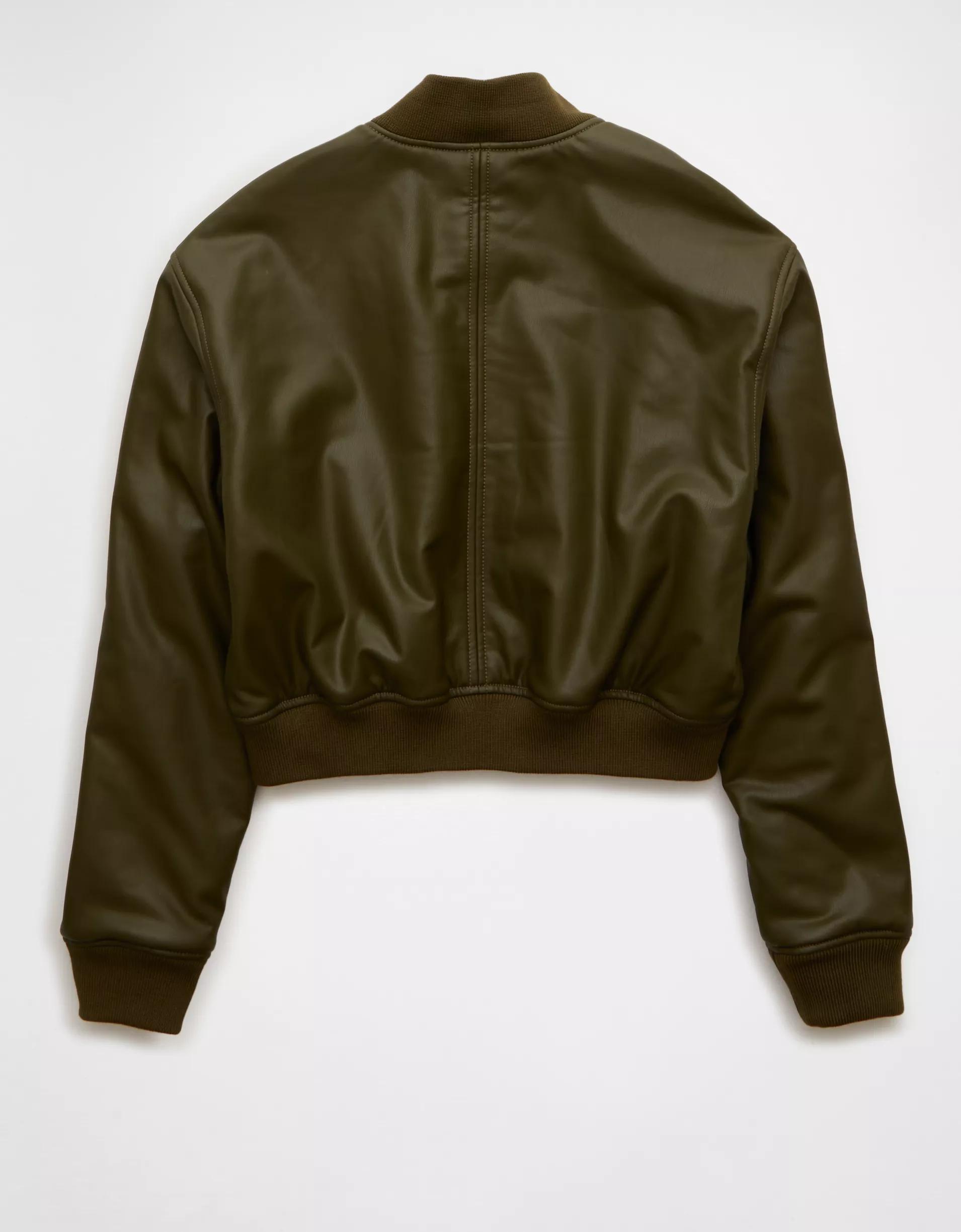AE Faux Leather Cropped Bomber Jacket Product Image