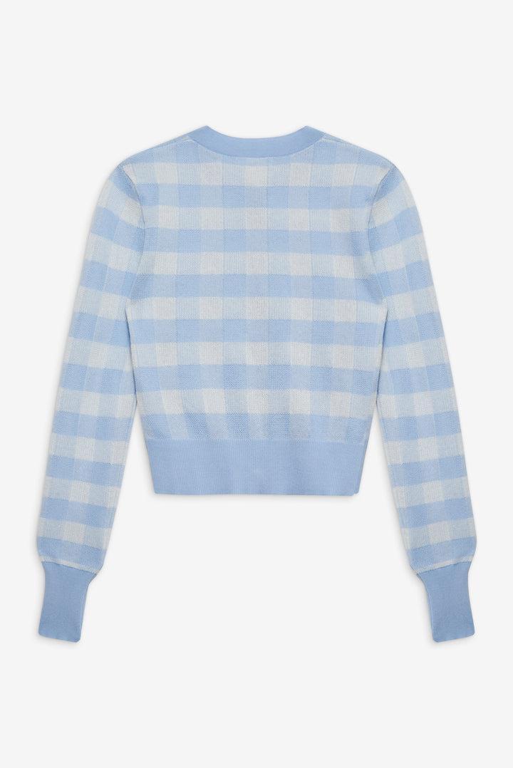 Brushed Gingham Knit Cardigan — Blue Product Image
