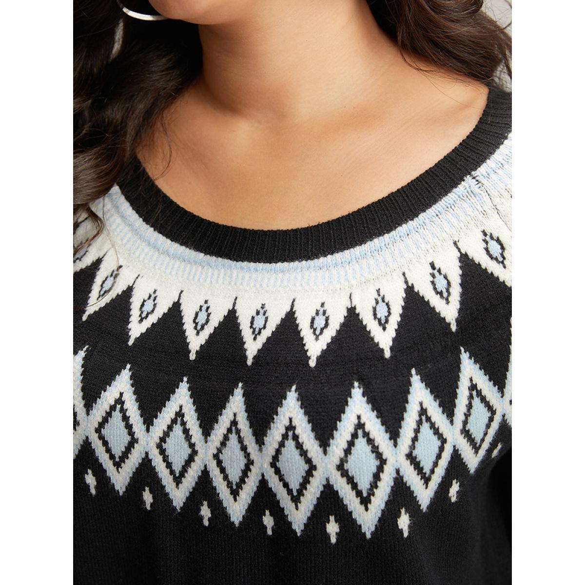 Plus Size Supersoft Essentials Geo Contrast Raglan Sleeve Pullover Black Women Casual Loose Long Sleeve Round Neck Dailywear Pullovers BloomChic 18-20/2X Product Image