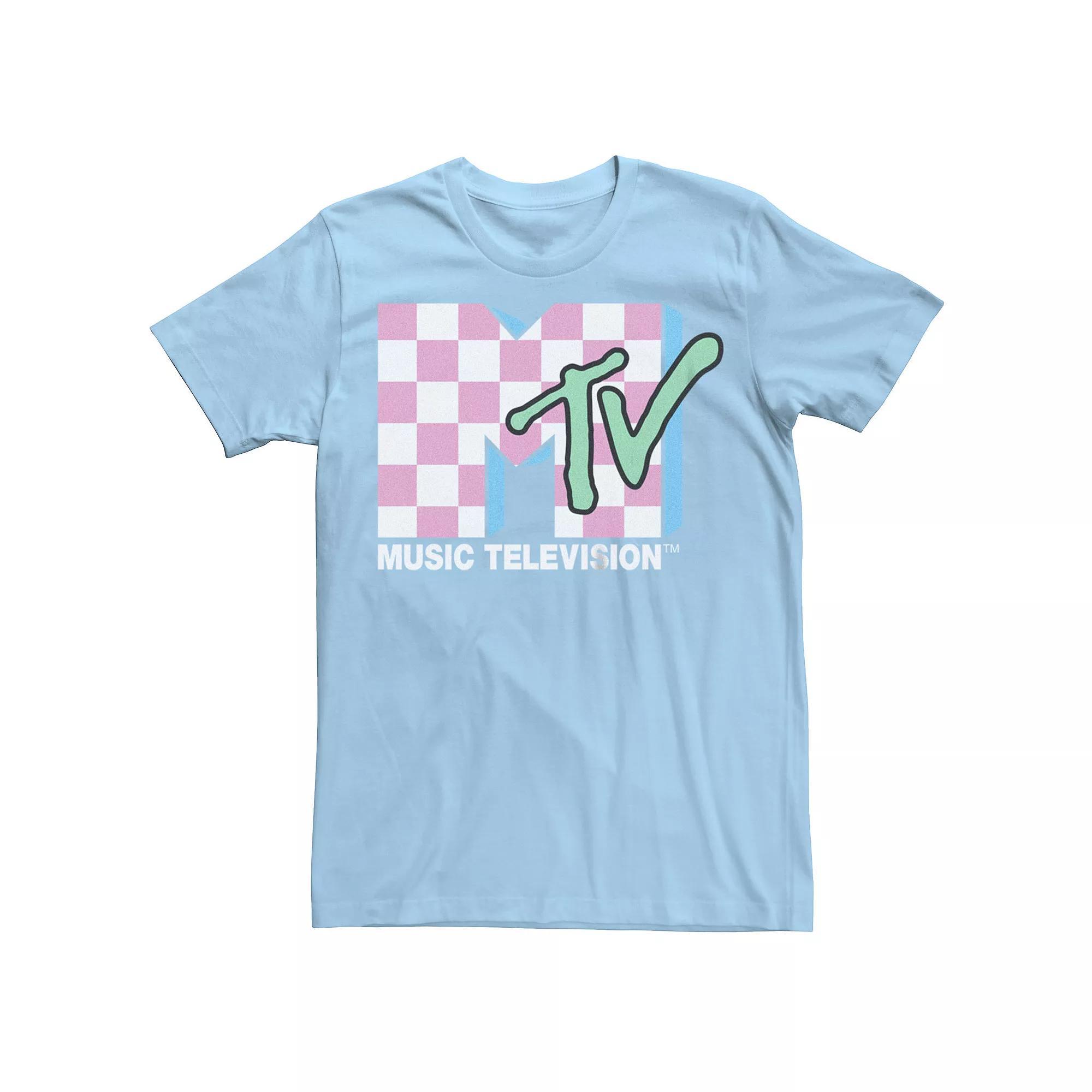 Men's MTV Checkered Print Logo Graphic Tee, Size: Large, Light Blue Product Image