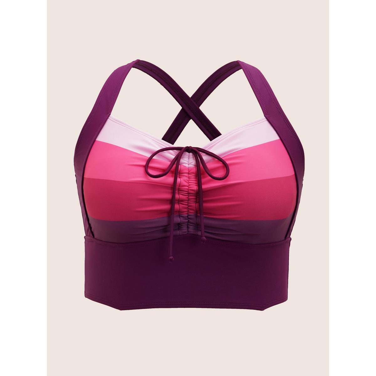 Plus Size Colorblock Contrast Drawstring Gathered Swim Top Women's Swimwear Deeppurple Beach Gathered High stretch Skinny Heart neckline Curve Swim Tops BloomChic 18-20/2X Product Image