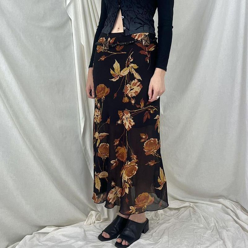 Low Waist Floral Print Midi A-Line Skirt Product Image