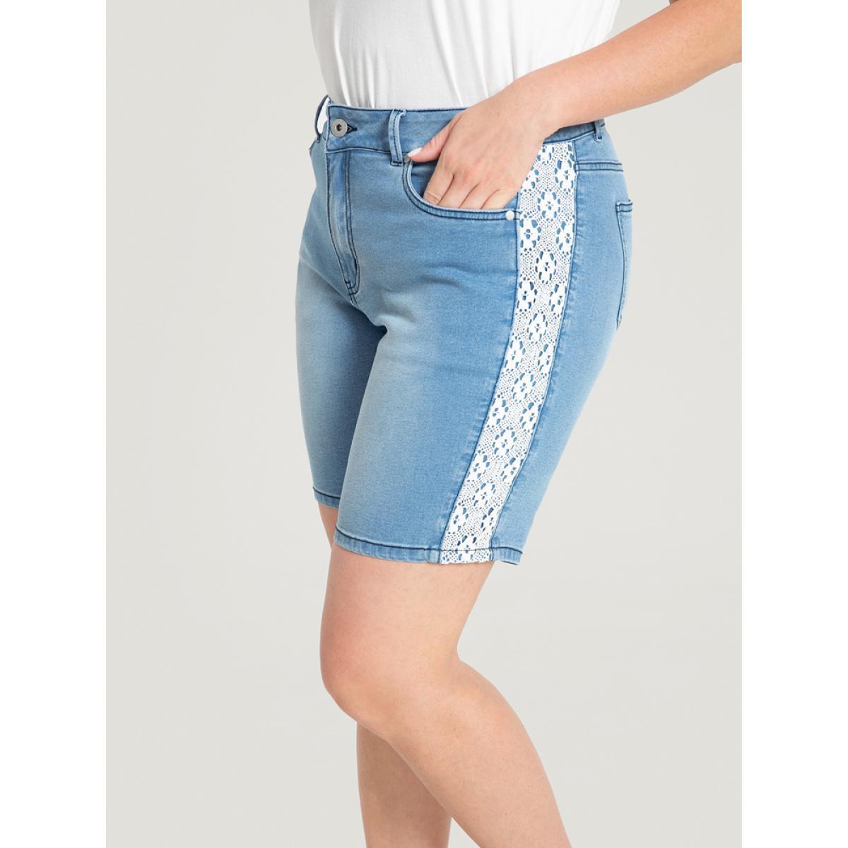 Plus Size Very Stretchy High Rise Light Wash Contrast Lace Denim Shorts Women LightBlue High stretch Dailywear Casual Denim Shorts BloomChic 30/6X Product Image