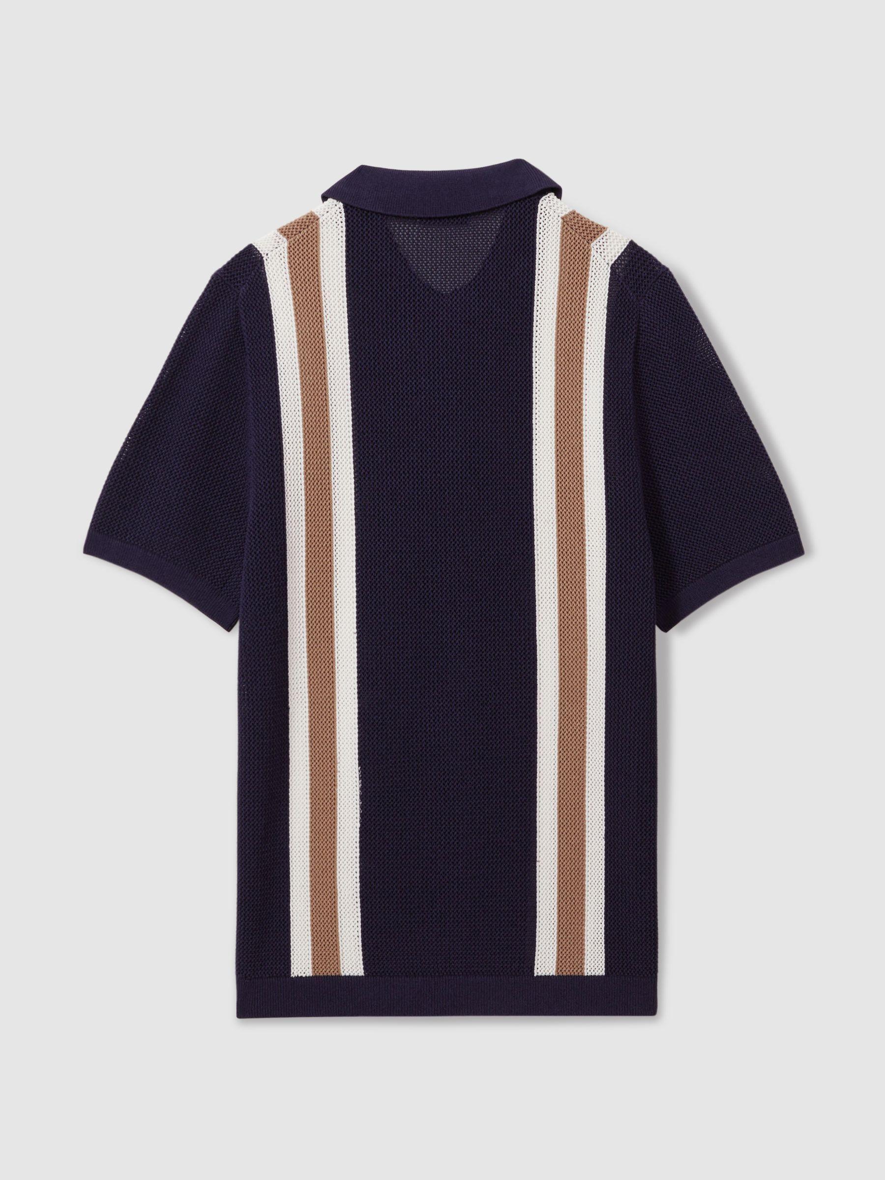 Ché Knitted Contrast Stripe Half-Zip Zip Polo Shirt in Navy/Camel Product Image