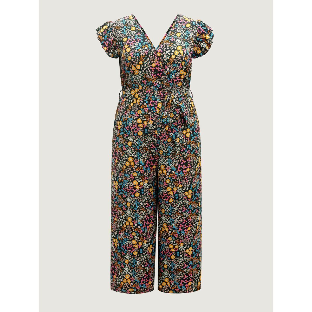 Plus Size Black Floral Print Belted Ruffled Sleeve Jumpsuit Women Cap Sleeve Overlap Collar Everyday-Elegant Loose Jumpsuits BloomChic 12/L Product Image