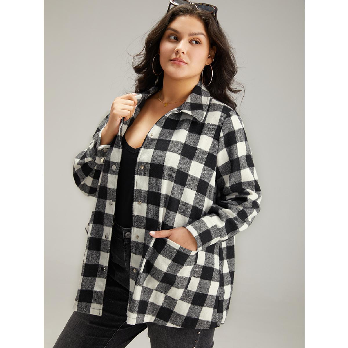 Plus Size Halloween Plaid Pocket Button Through Coat Women Black Casual Contrast Ladies Dailywear Winter Coats BloomChic 12/L Product Image
