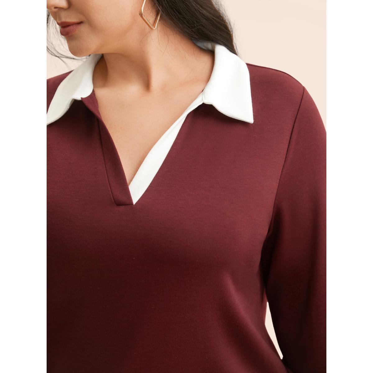 Plus Size Polo Neck Contrast Patchwork Sweatshirt Women Burgundy Casual Contrast Polo Everyday Sweatshirts BloomChic 10/M Product Image