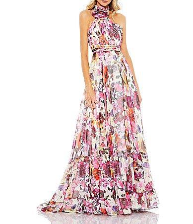 Mac Duggal Asymmetrical Ruffled Halter Floral Gown Product Image