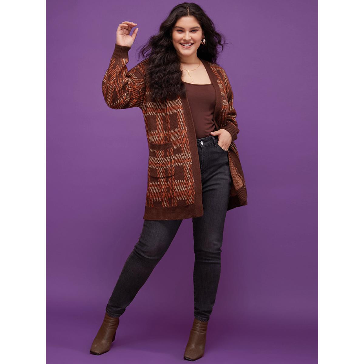 Plus Size Tartan Contrast Pointelle Knit Pocket Open Front Cardigan DarkBrown Women Casual Loose Long Sleeve Dailywear Cardigans BloomChic 28/5X Product Image