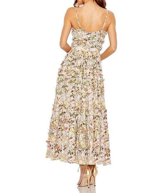 Mac Duggal Floral Print V-Neck Spaghetti Strap Ruffle Embellished A-Line Dress Product Image